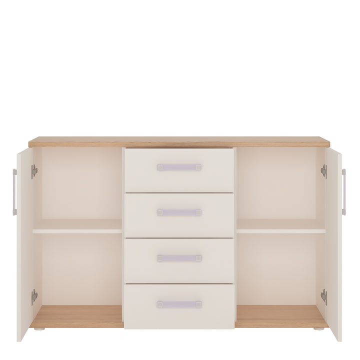 4Kids 2 Door 4 Drawer Sideboard in Light Oak and white High Gloss (lilac handles)