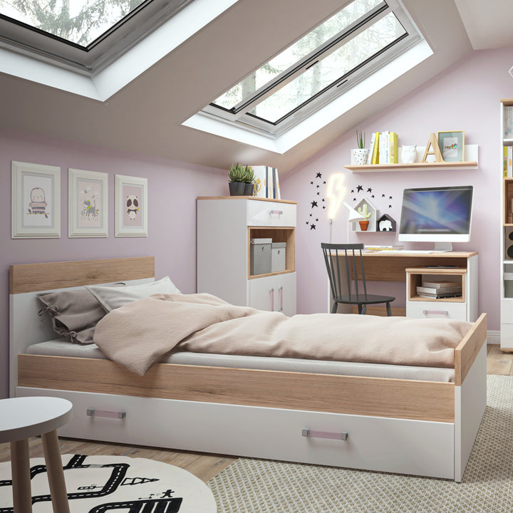 4Kids Single Bed with under Drawer in Light Oak and white High Gloss (lilac handles)