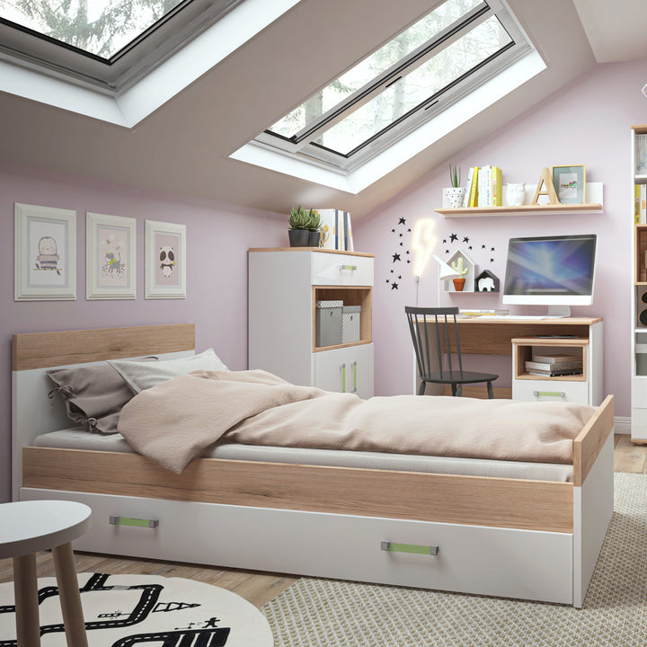 4Kids Single Bed with under Drawer in Light Oak and white High Gloss (lemon handles)