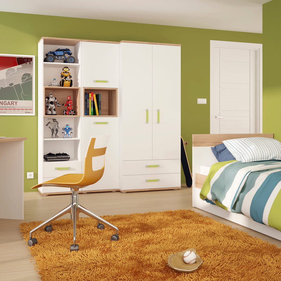 4Kids Single Bed with under Drawer in Light Oak and white High Gloss (lemon handles)