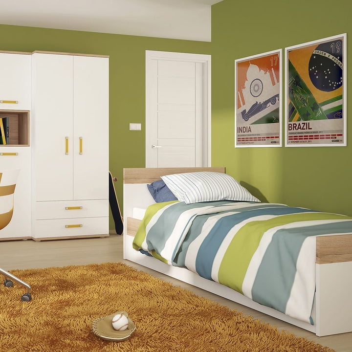 4Kids Single Bed with Underbed Drawer in Light Oak and white High Gloss (orange handles)
