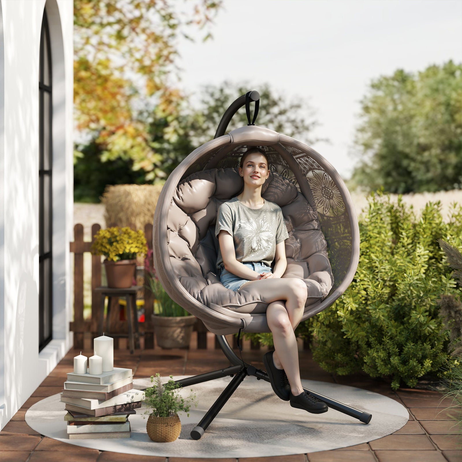 Round Egg Basket Chair, with Steel Stand, Sand