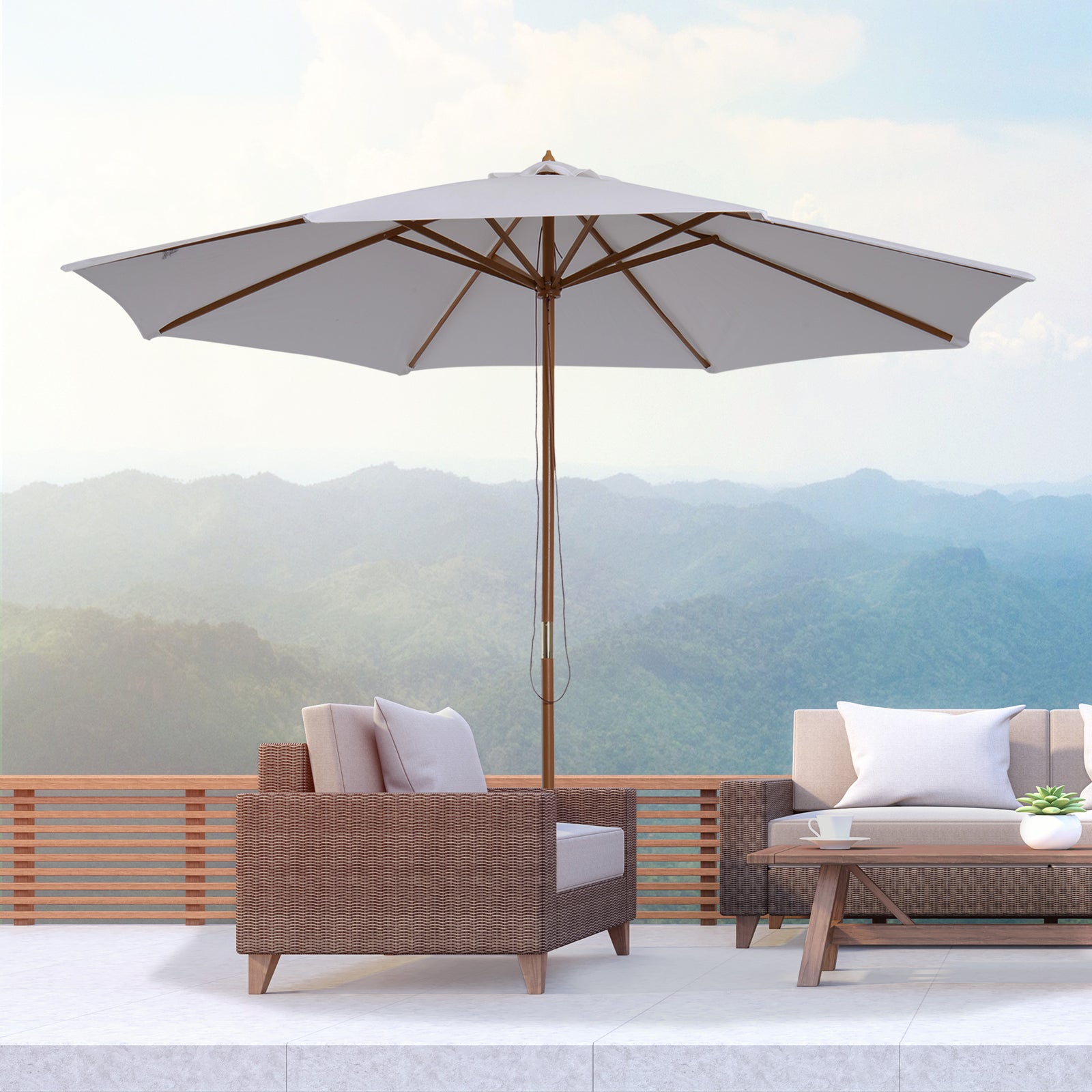 3(m) Garden Parasol, Pulley Operated Patio Umbrella, Wooden Table Market Umbrella with Rope Pulley Mechanism and 8 Ribs, Cream White