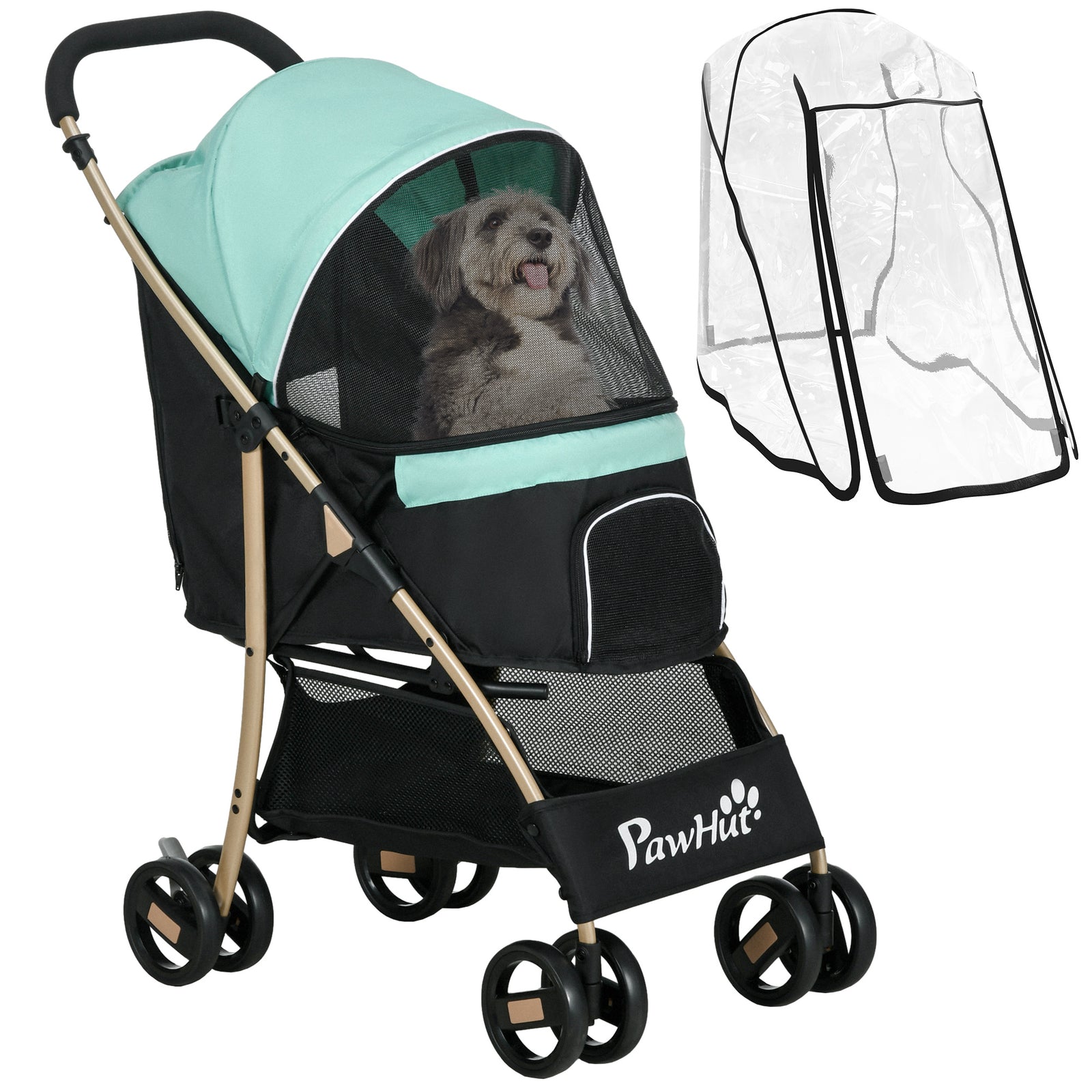 Pet Stroller for Small and Miniature Dogs, with Rain Cover - Green