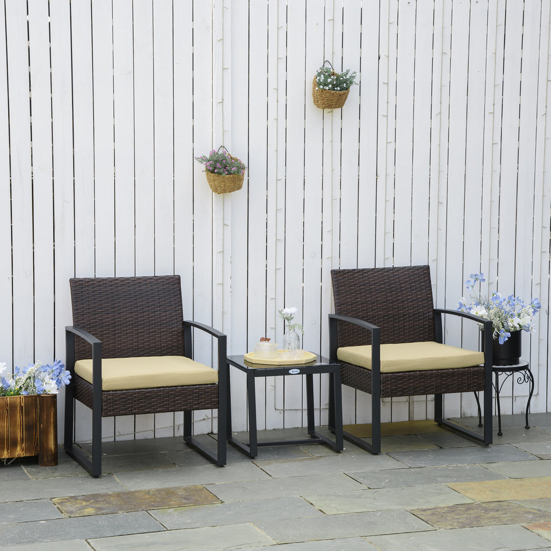 Outsunny Waterproof Rattan Patio Ensemble: 3-Piece Bistro Set with Sofa, Coffee Table & Chairs, Beige | Aosom UK