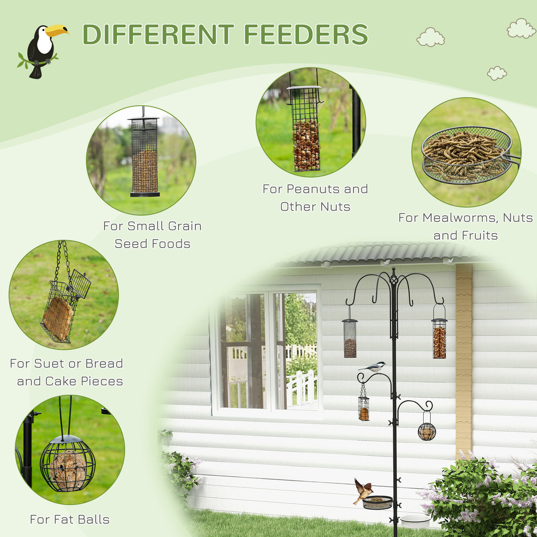 MCL Bird Feeding Station Kit, Wild Bird Feeder Pole with 6 Hooks, 4 Hanging Feeders for Peanuts, Seed, Fat Balls, for Garden, Outdoor, Black