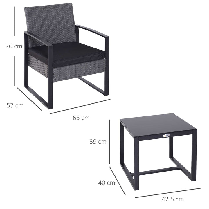 2 Seater Rattan Patio Set W/ Cushions-Grey/Black