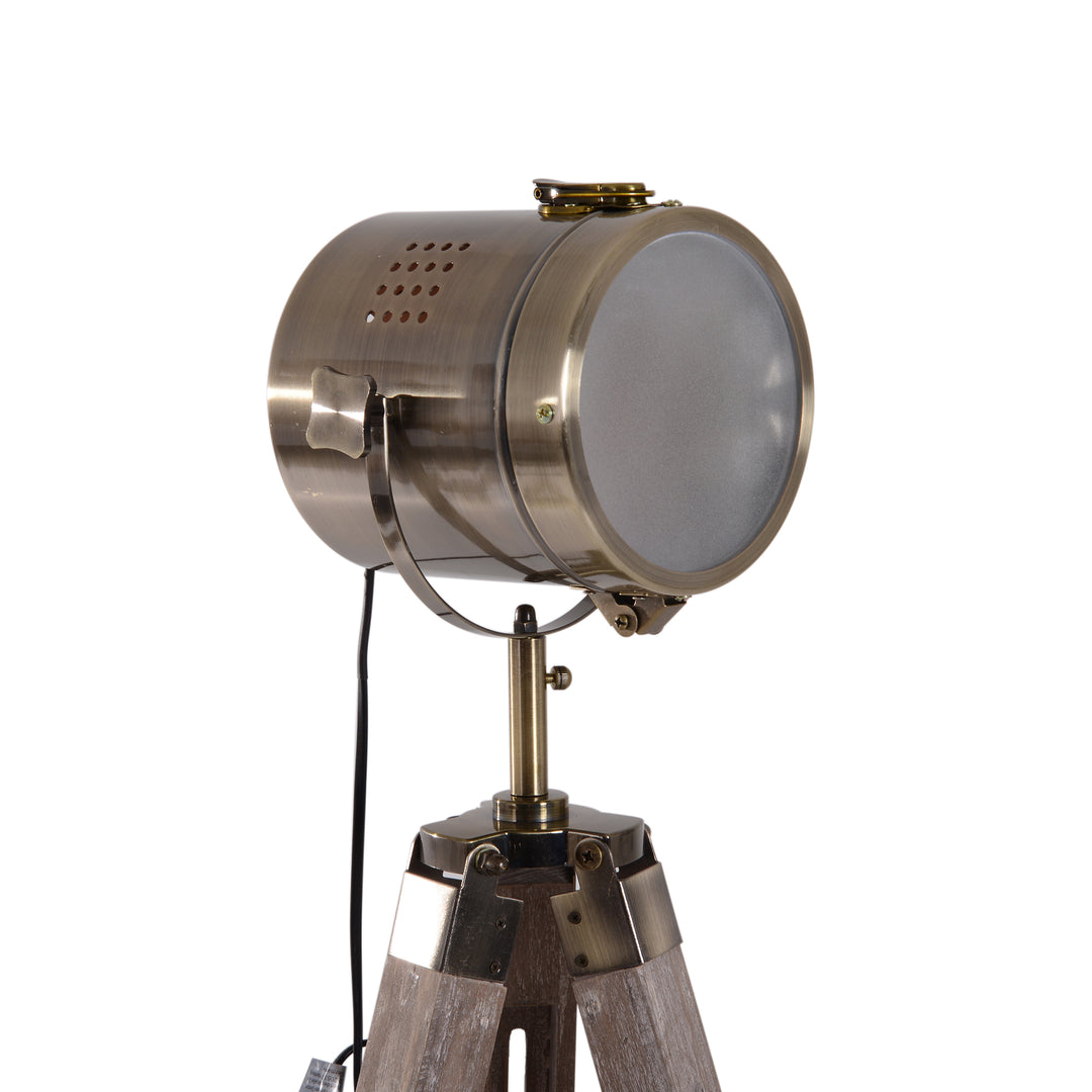 Industrial Tripod Floor Lamp, Nautical Searchlight with Adjustable Height, Wood Legs, E14 Lamp Base for Living Room, Bedroom, Grey and Bronze