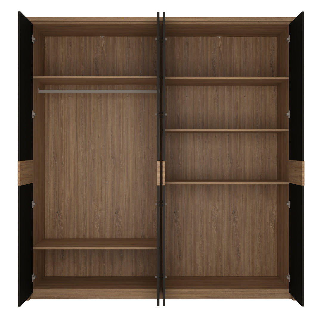 Monaco 4 door wardrobe with mirror doors in Oak and Black