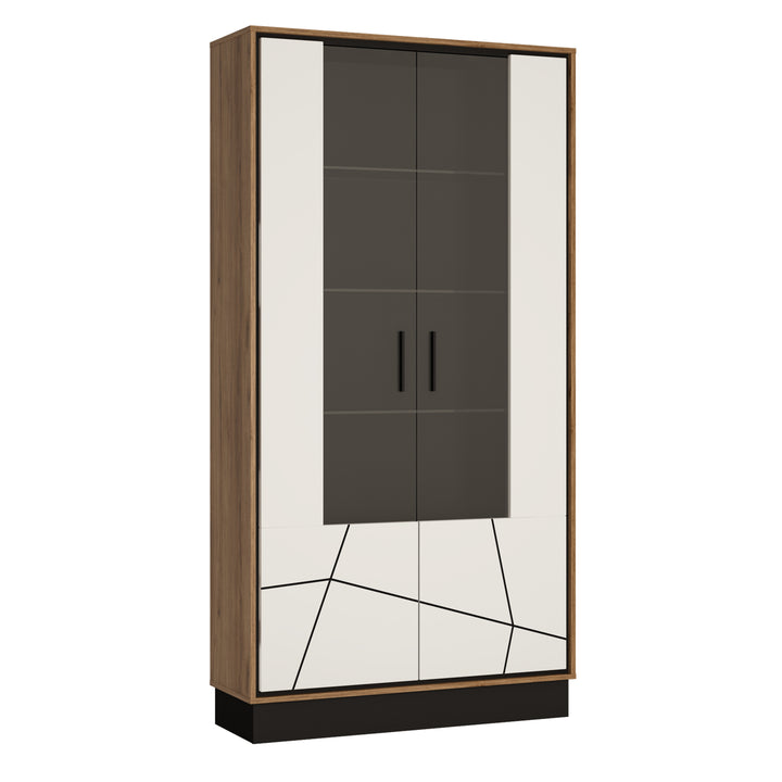 Brolo Tall wide glazed display cabinet in Walnut and White