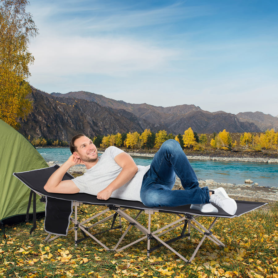 Single Person Camping Bed Folding Cot Outdoor Patio Portable Military Sleeping Bed Travel Guest Leisure Fishing with Side Pocket and Carry Bag - Black