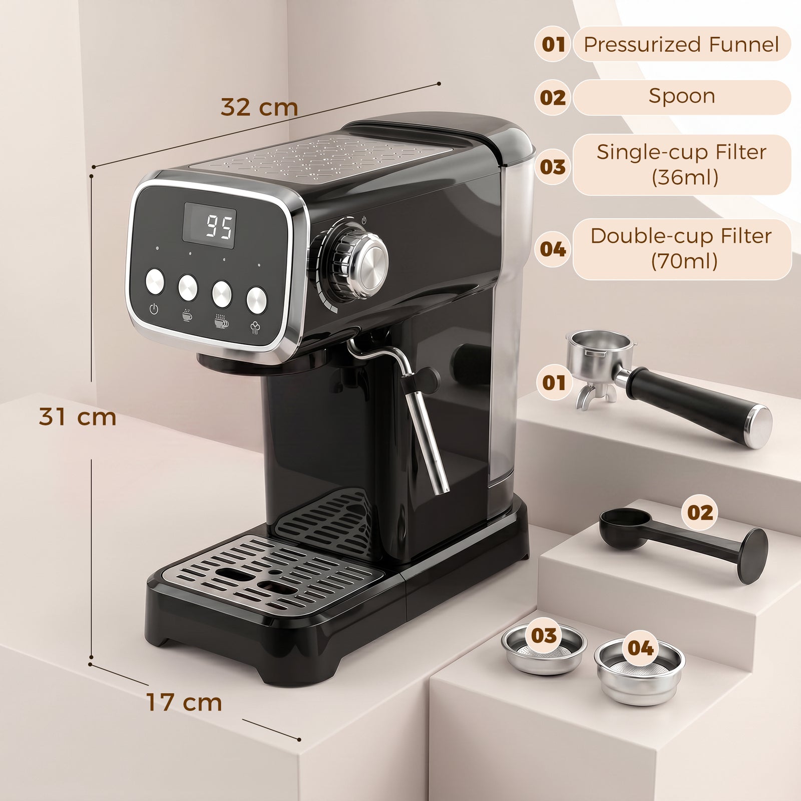 Espresso Machine, 20-Bar Cappuccino Coffee Maker with Frother Wand, 1.
