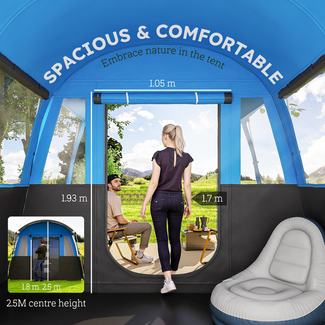 8-Person Camping Tent, Waterproof Family Tent, Tunnel Design, 4 Large Windows, Sleeping Cabins 3000mm Water Column Blue