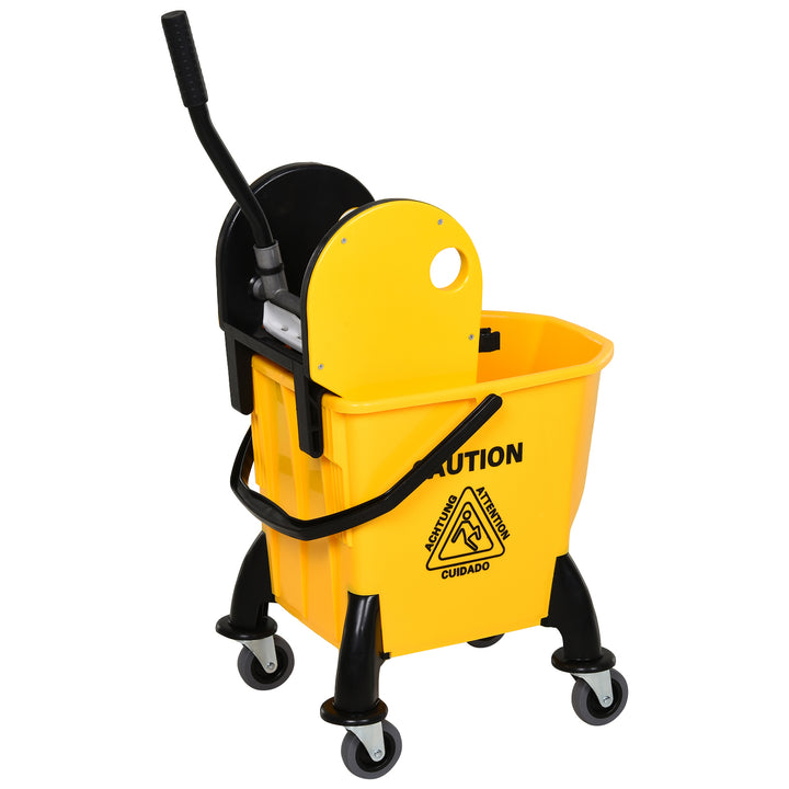 HOMCOM 26L Mop Bucket & Water Wringer w/ 4 Wheels Plastic Body Metal Handle Pole Holder Home Commercial Cleaning Floor Cart Yellow | Aosom UK