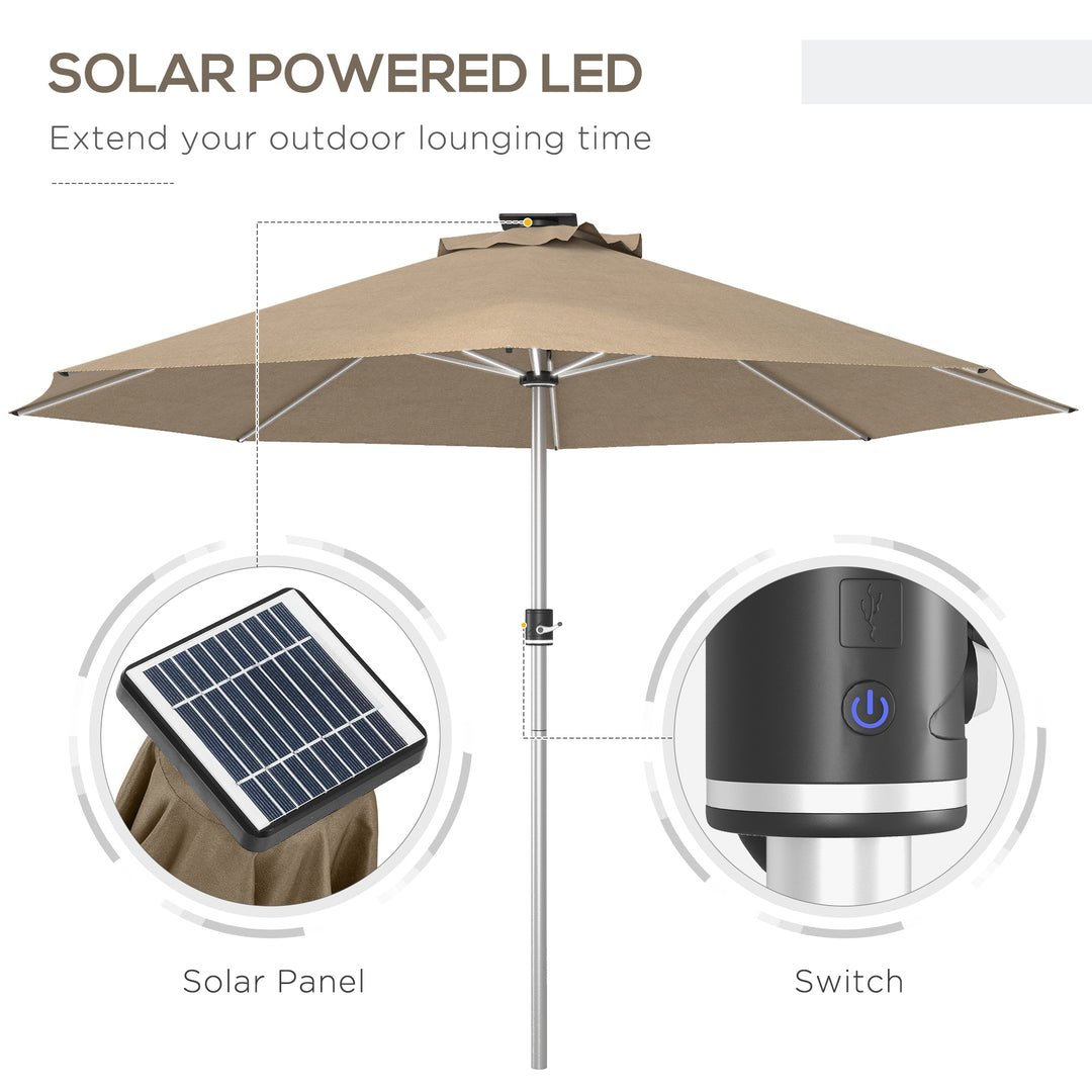 Outsunny LED Patio Umbrella, Lighted Deck Umbrella with 4 Lighting Modes, Solar & USB Charging, Khaki