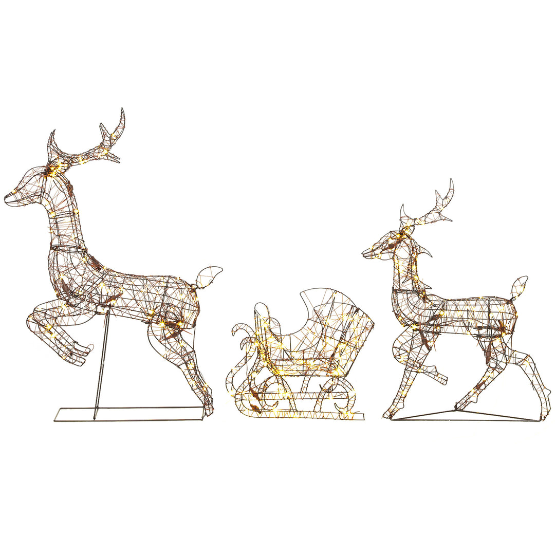 3-Piece Lighted Reindeer and Sleigh Set, PP Rattan Outdoor Christmas