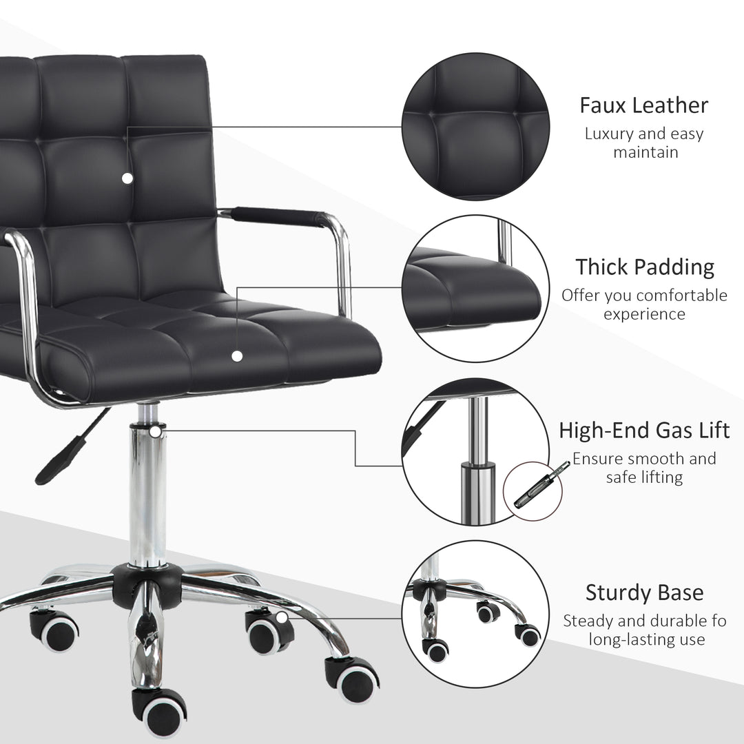 Office Chair, Makeup Vanity Chair, Mid Back Computer Chair, PU Leather Swivel Study Chair with Adjustable Height, Armrest and Rolling Wheels, Black
