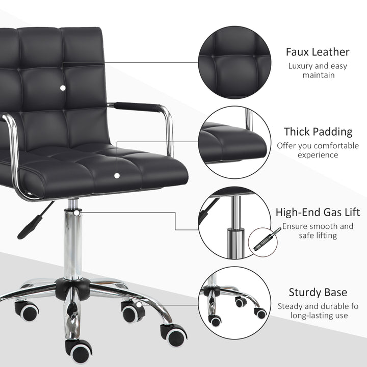 Office Chair, Makeup Vanity Chair, Mid Back Computer Chair, PU Leather Swivel Study Chair with Adjustable Height, Armrest and Rolling Wheels, Black