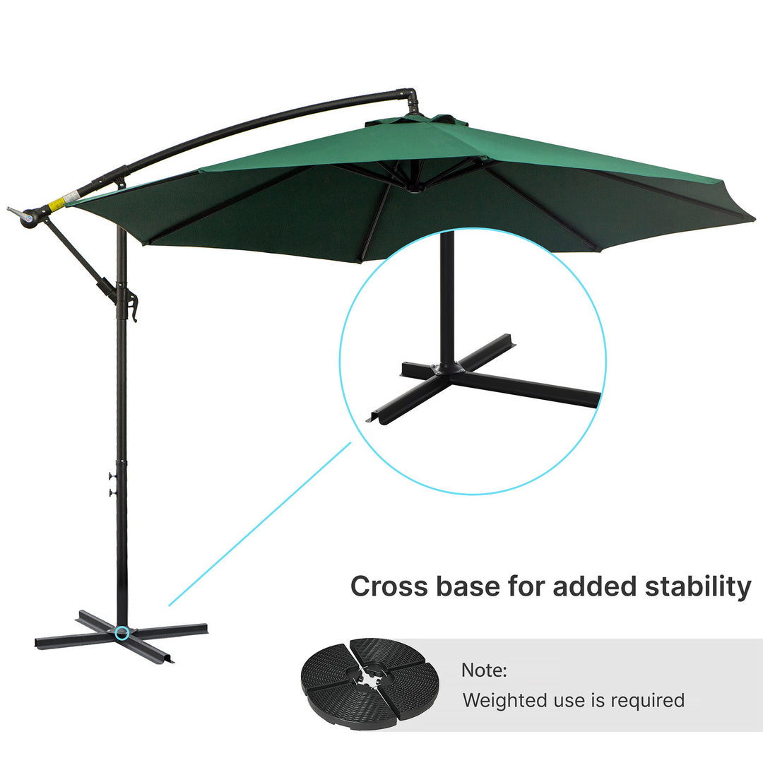3(m) Banana Parasol Hanging Cantilever Umbrella with Crank Handle, 8 Ribs and Cross Base for Outdoor, Sun Shade, Dark Green