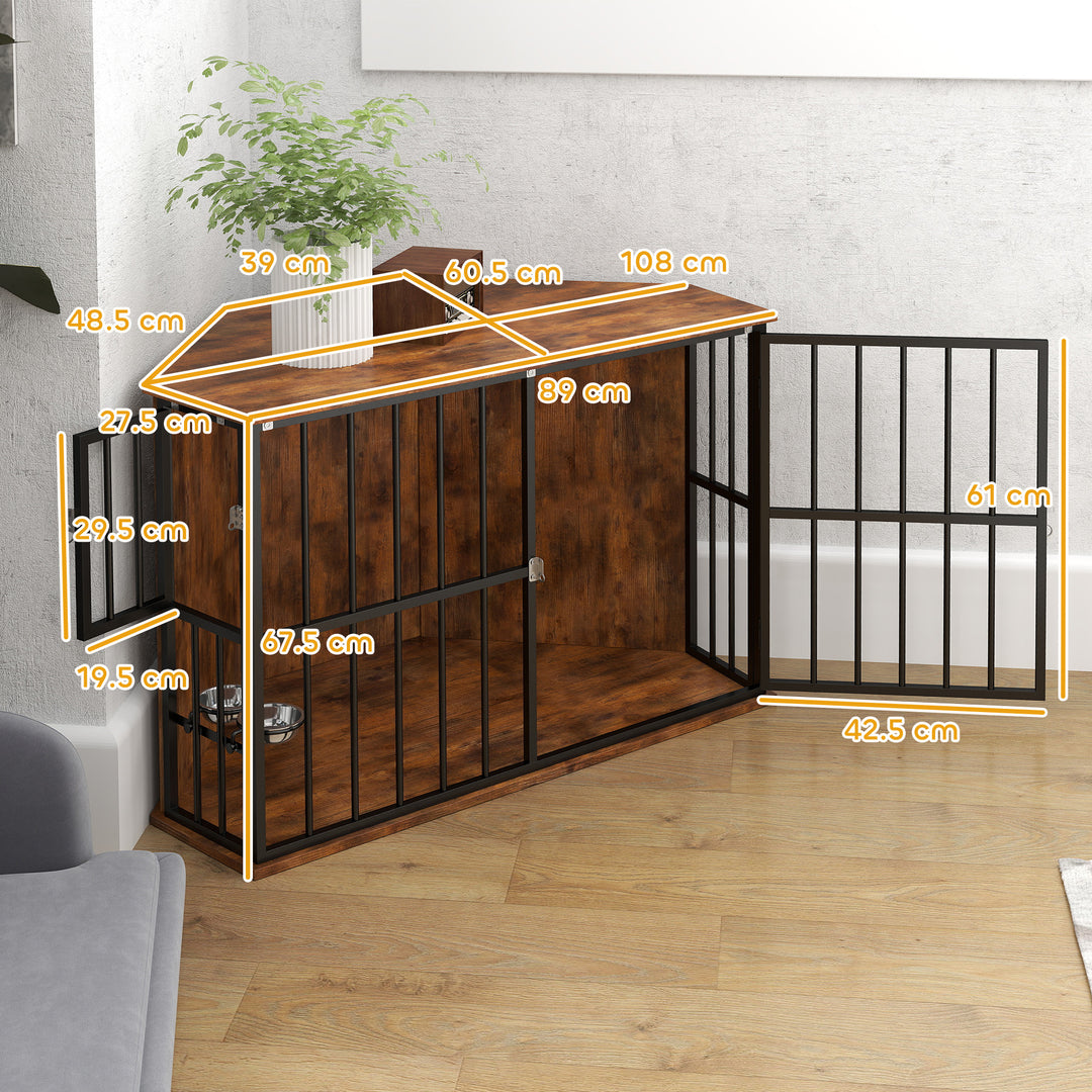 Corner Dog Crate Furniture with Two Bowls, Lockable Doors, for Small, Medium Dogs, Rustic Brown