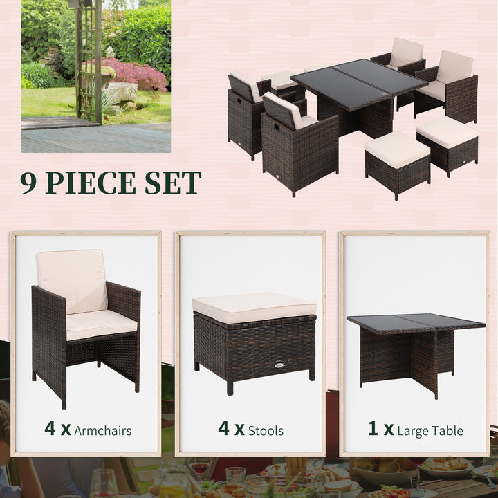 8 Seater Rattan Cube Garden Furniture Set, Rattan Dining Set with Cushions, Outdoor Dining Table and Chairs with 4 Armchairs, 4 Stools, Square Glass Top Table for Patio, Balcony, Brown