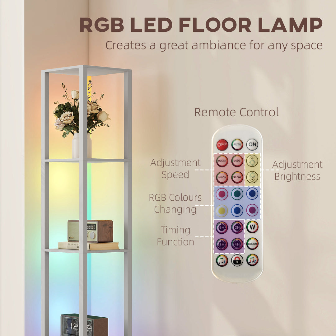 RGB LED Floor Lamp with Shelves, Modern Dimmable Standing Lamp with Remote Control, Adjustable Brightness & Speed for Living Room, Bedroom, Office, Grey