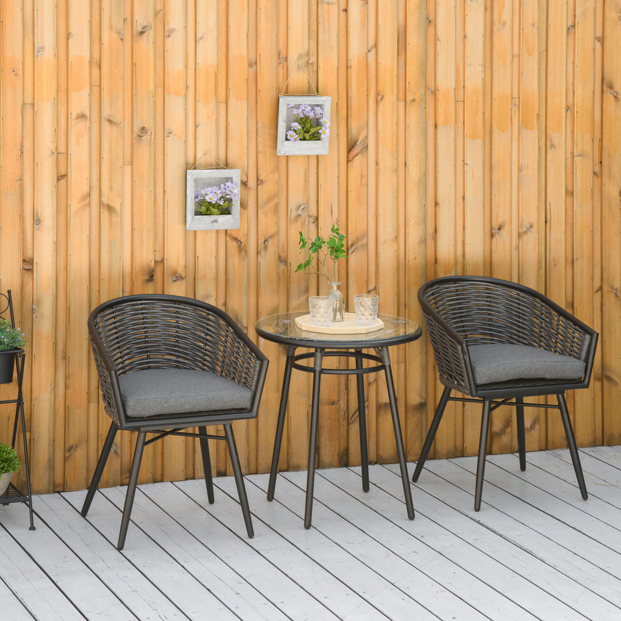 3 Pieces Rattan Bistro Set, Wicker Garden Furniture Set with Round Glass Top Coffee Table and Chairs, Washable Cushions for Outdoor, Patio, Balcony, Grey