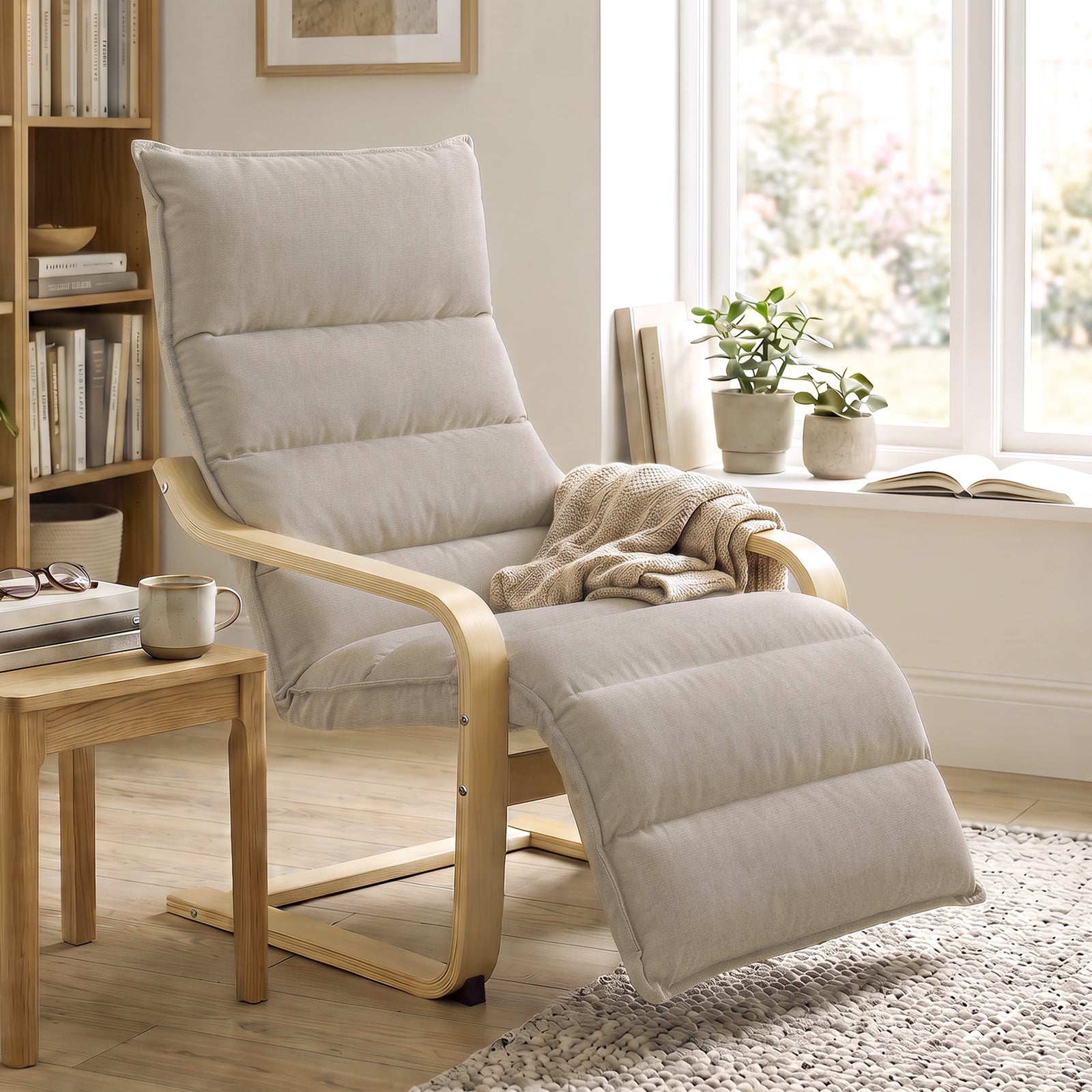 Curved Wooden Accent Chair, Armchair with Adjustable Footrest, Light B