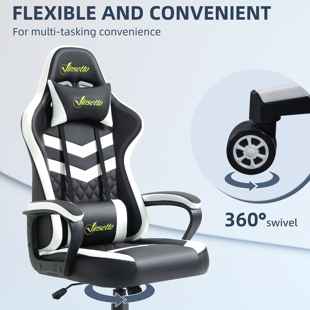 Gaming Chair, Computer Desk Chair with Lumbar Support, Faux Leather Racing Chair with Headrest and Swivel Wheels for Home Office, Black White