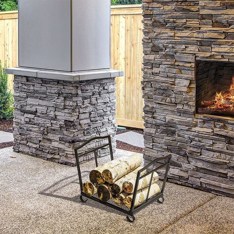 Metal Firewood Log Holder Indoor Outdoor Folding Firewood Rack Fireplace Wood Storage Shelf w/ Scrolls, Rust-Resistant, Black, 48L x 34W x 37Hcm