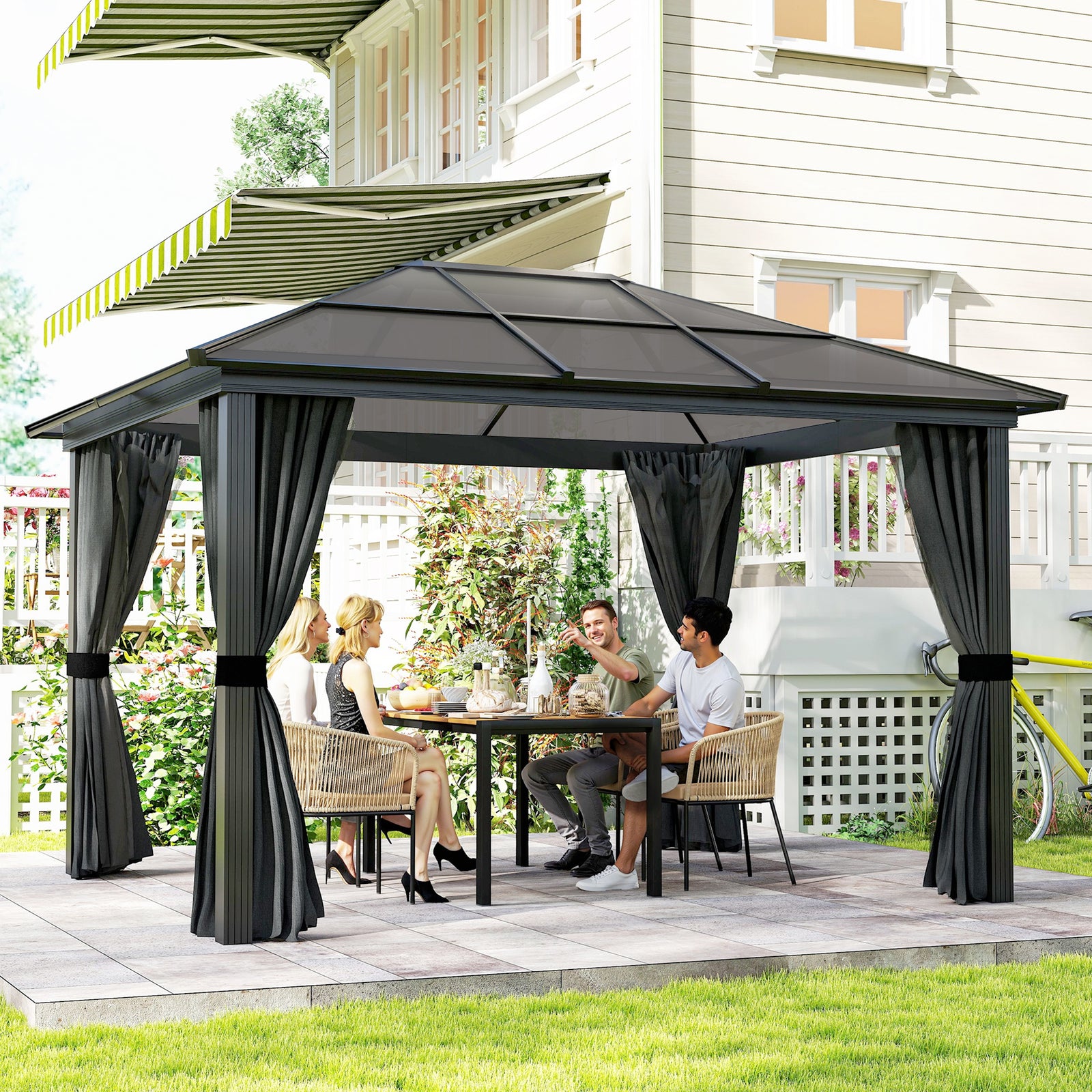 3 x 3.6m Hardtop Gazebo Canopy with Polycarbonate Roof, Aluminium Frame, Permanent Pavilion Garden Gazebo with Netting and Curtains for Patio, Deck, Dark Grey