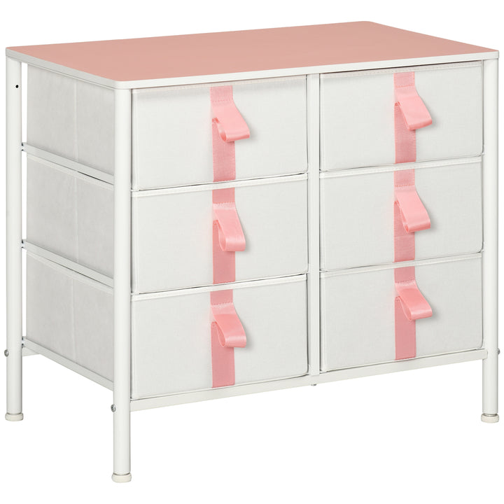 HOMCOM Storage Chest with 6 Fabric Drawers, Metal Frame Dresser with Wooden Top, Organiser for Bedroom or Nursery, Pink | Aosom UK