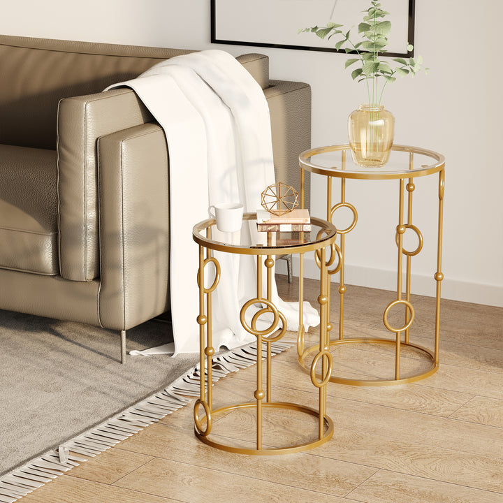 HOMCOM Round Coffee Tables Set of 2, Gold Nest of Tables with Tempered Glass Top, Steel Frame for Living Room, Gold