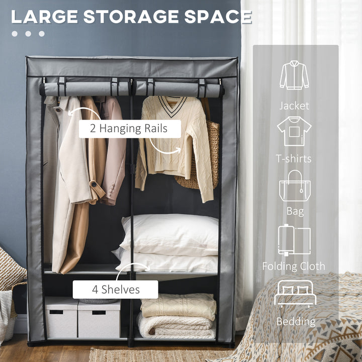 HOMCOM Portable Wardrobe, Fabric Cabinet, Foldable Clothes Organiser with 4 Shelves, 2 Hanging Rails, 118 x 49 x 170 cm, Light Grey.