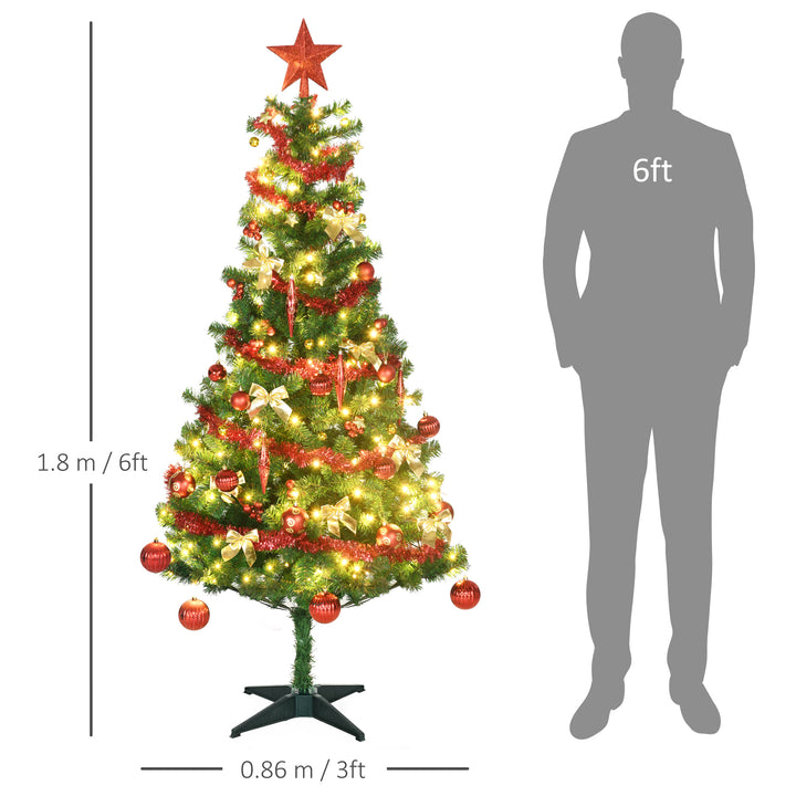 6' Artificial Prelit Christmas Trees Holiday Décor with Warm White LED Lights, Auto Open, Tinsel, Ball, Star