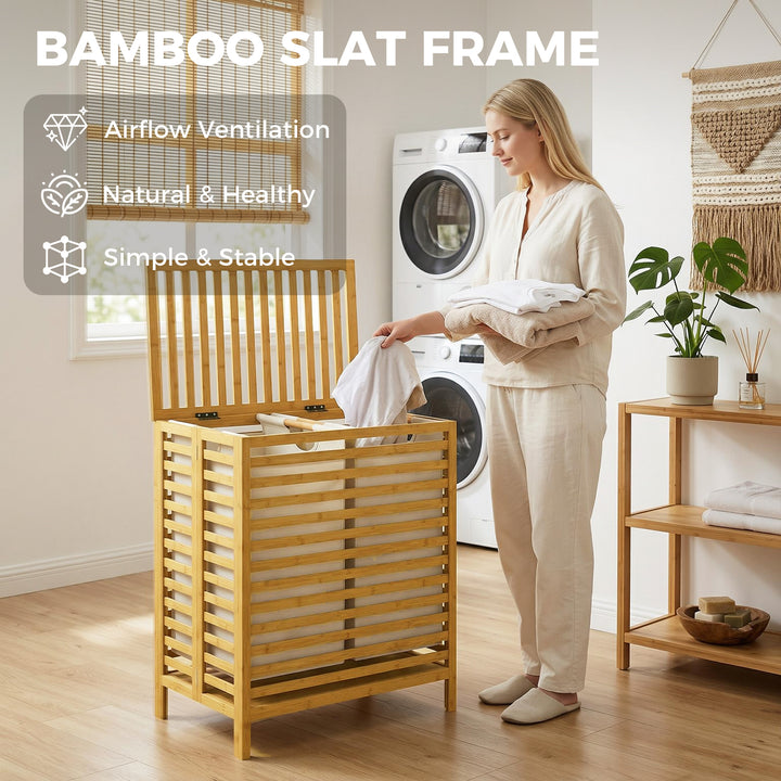 Bamboo Laundry Basket with Lid, 2 Baskets, Foldable, 64L, Natural and 