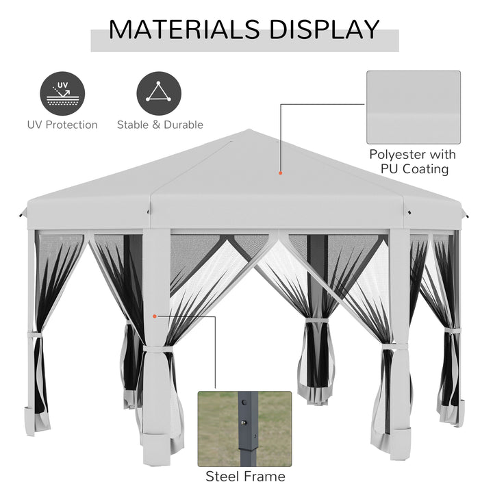 Outsunny Hexagonal Pop Up Gazebo with Mesh Sidewalls, 3.2m, Outdoor Sun Shelter, Handy Bag Included, Light Grey