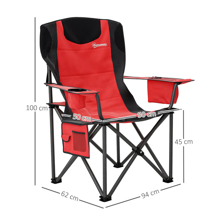 Set of 2 Folding Camping Chairs, Padded Camping Chairs with Adjustable Armrests, Portable & Lightweight Folding Camp Chair with Cooler Bag, Cup Holder and Side Pockets, Red