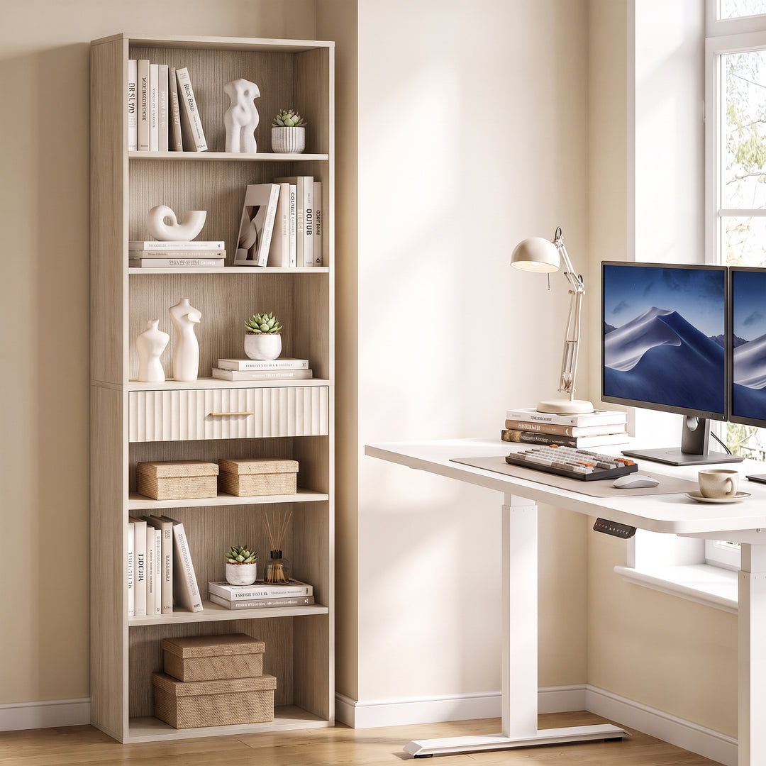 Bookcase Narrow Tall Space-Saving Bookshelf Drawer Open Shelves 60 x - view 2