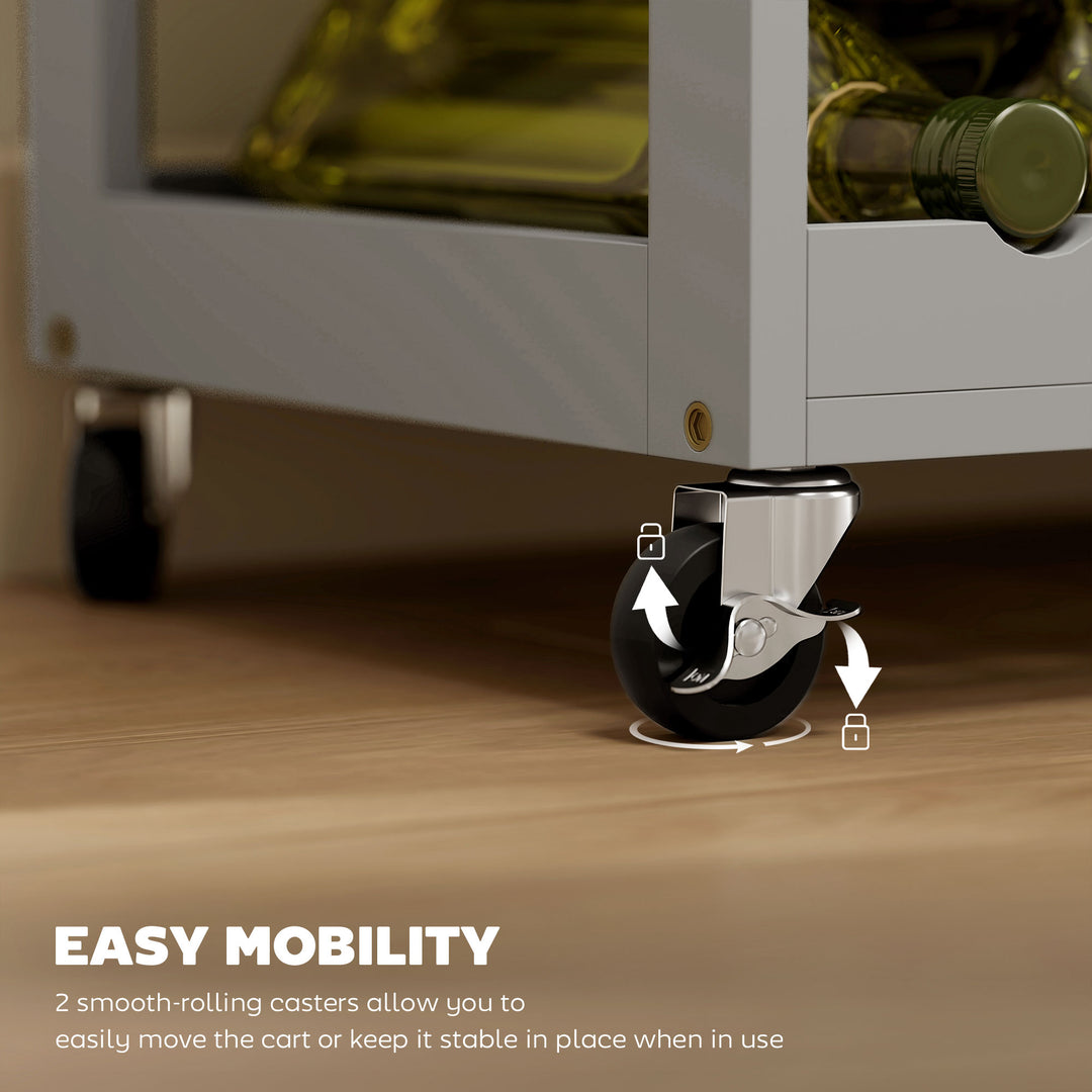 MCL Modern Kitchen Trolley, Rolling Island Storage Cart with Drawer, 9-bottle Wine Rack, Door Cabinets, Wooden Countertop, Grey