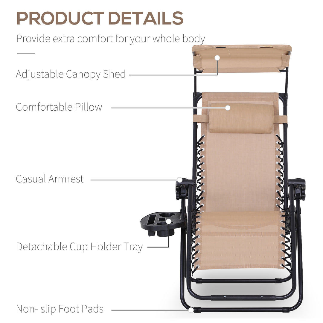Foldable Reclining Garden Chair with Headrest, Zero Gravity Deck Sun Lounger Seat Chair with Footrest, Armrest, Cup Holder & Canopy Shade, Beige