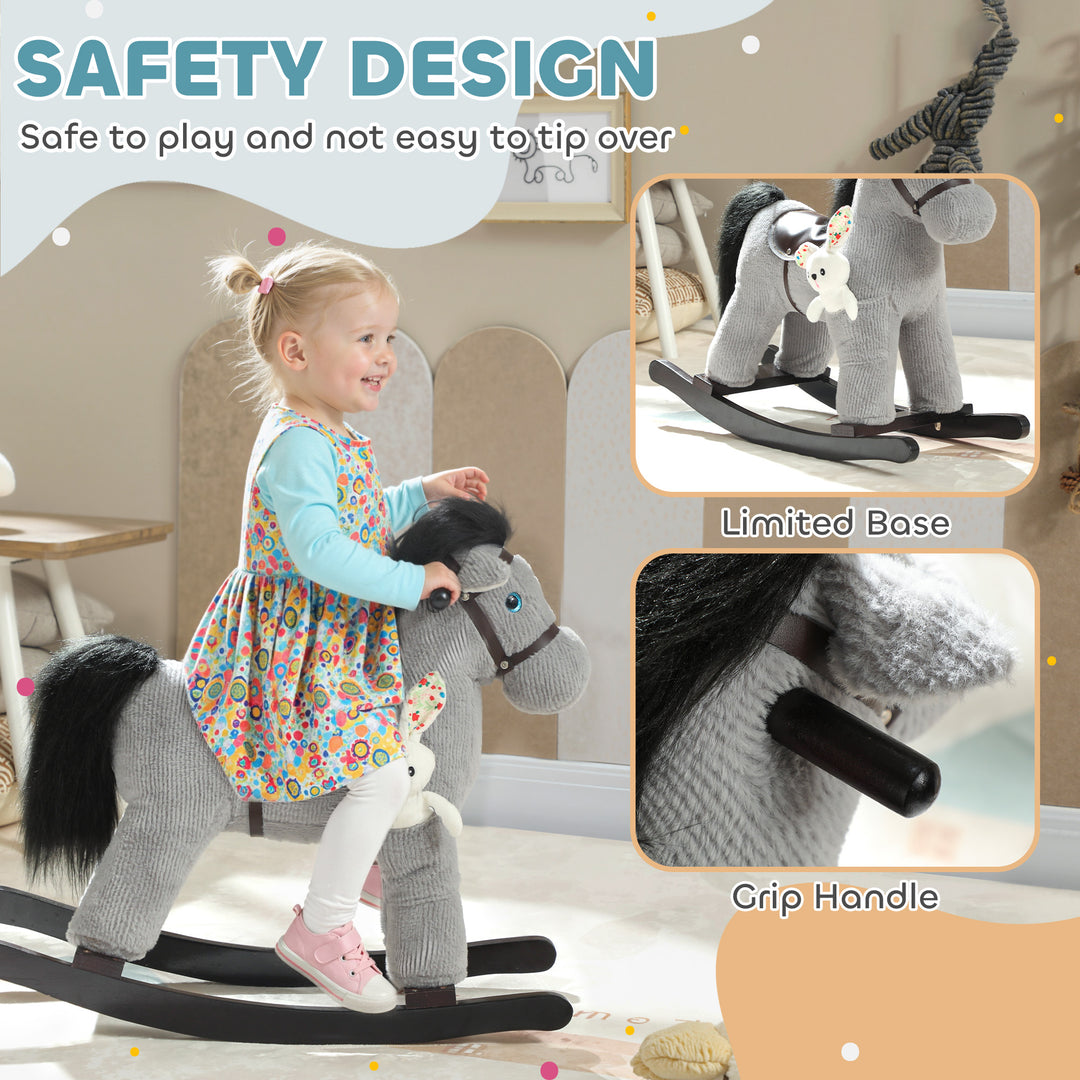 Baby Rocking Horse, Plush Ride on Toy with Handle Grip, Sound and Doll, Toddler Animal Rocker for Kids Aged 2-5