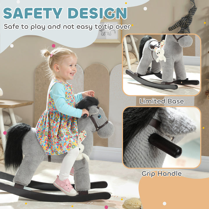 Baby Rocking Horse, Plush Ride on Toy with Handle Grip, Sound and Doll, Toddler Animal Rocker for Kids Aged 2-5