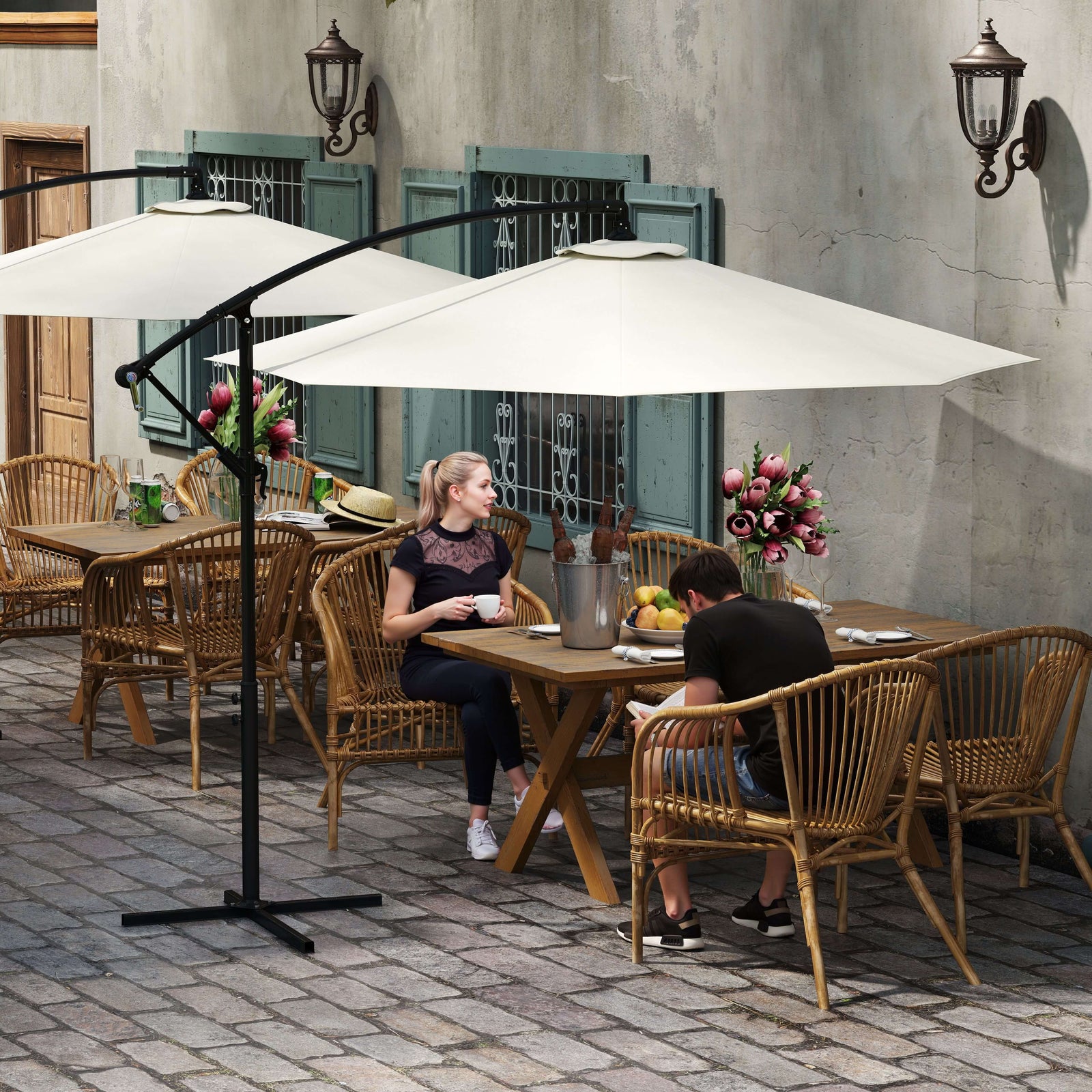 3 m Parasol Garden Sun Umbrella Banana Hanging Rattan Set Umbrella Cantilever - Cream white