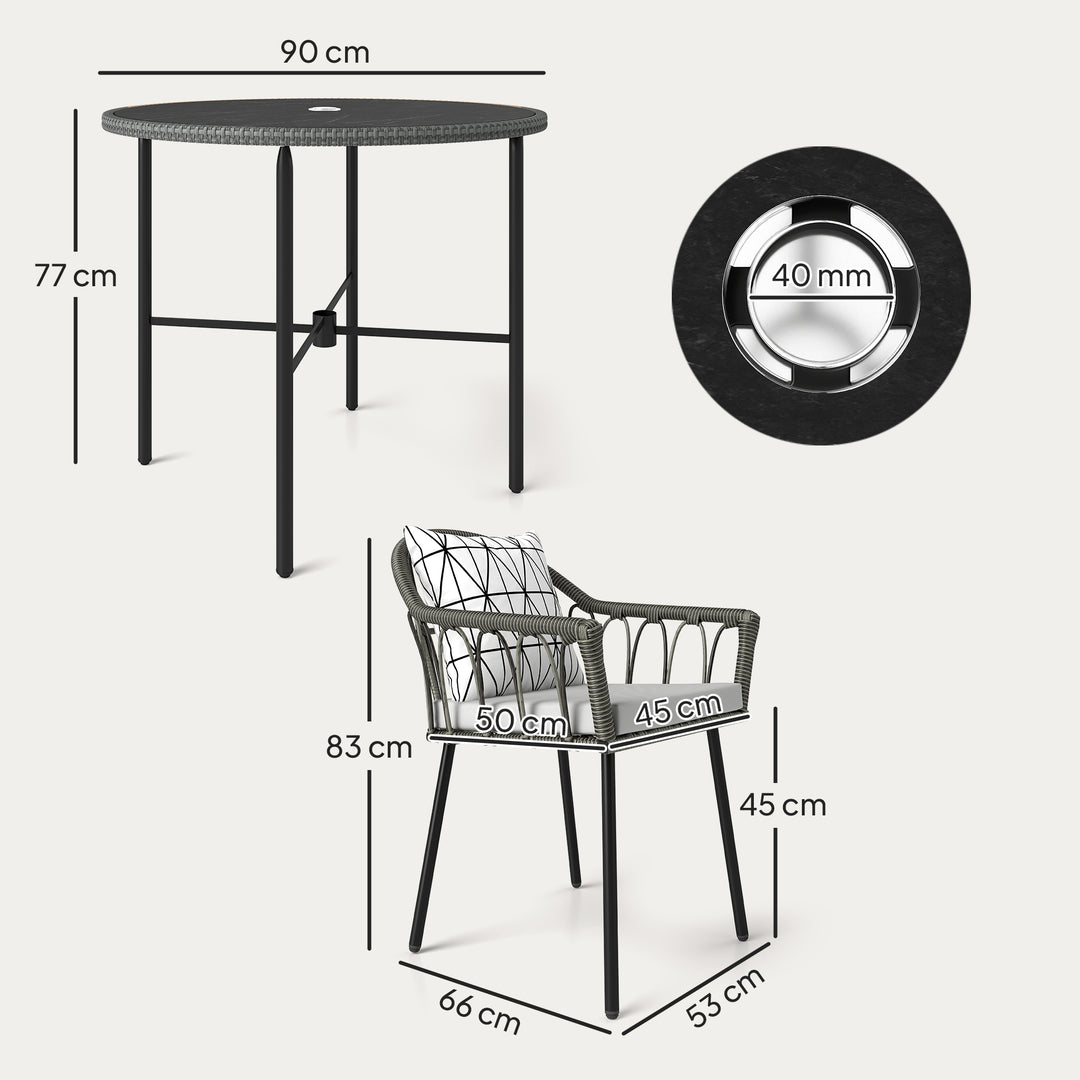 5 Piece Patio Rattan Dining Set, Wicker Garden Table and Chairs w/ Removable Seat & Back Cushions, Round Tempered Glass Tabletop, Parasol Hole, Outdoor Furniture Conservatory Set, Grey
