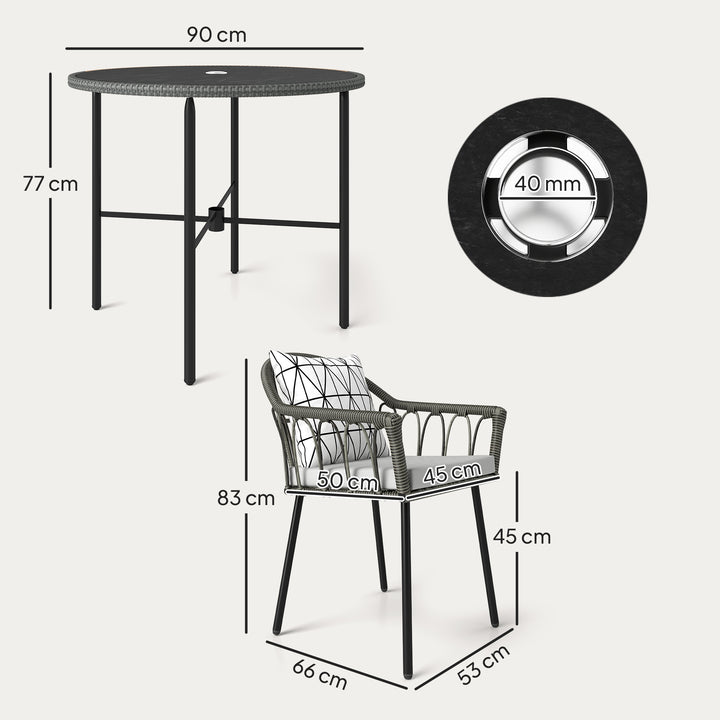 5 Piece Patio Rattan Dining Set, Wicker Garden Table and Chairs w/ Removable Seat & Back Cushions, Round Tempered Glass Tabletop, Parasol Hole, Outdoor Furniture Conservatory Set, Grey