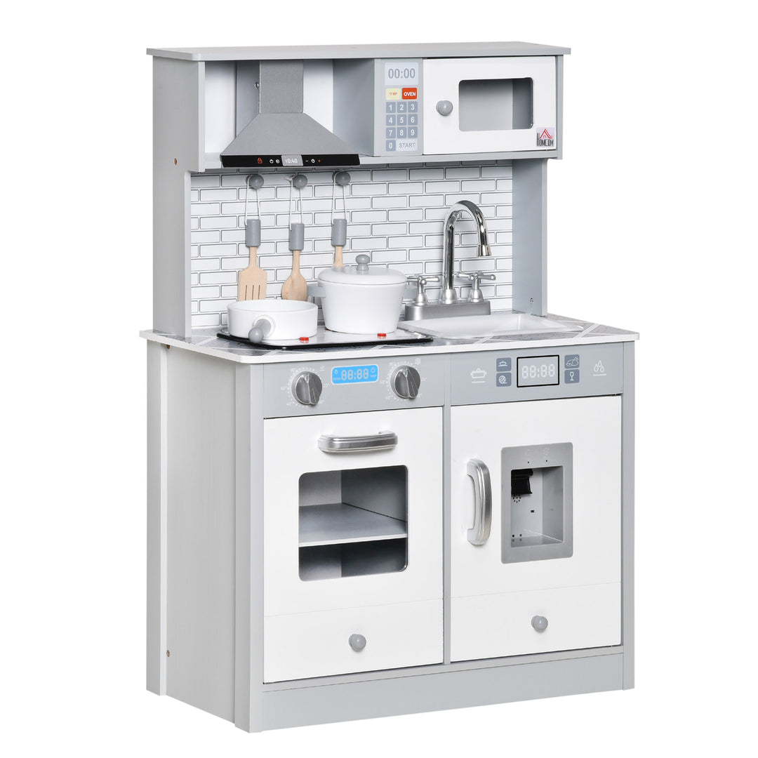 Kids Wooden Toy Kitchen Pretend Play Cooking Playset w/ Sound & Light Effect, Battery Operated Cooktop, Ice Machine, Marble Pattern Countertop, for 3-6 Years Old