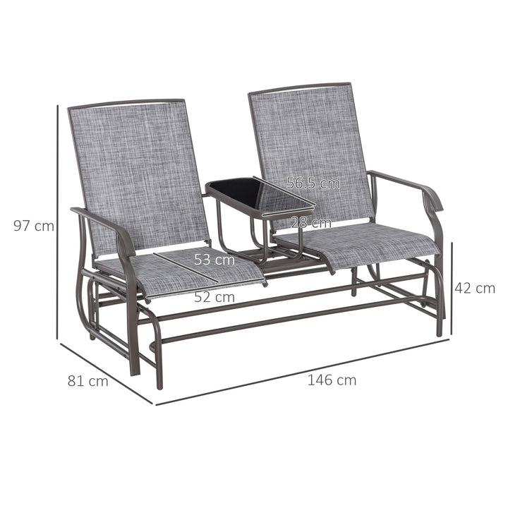 2 Seats Garden Glider Bench, Metal Frame Loveseat with Glass Top Centre Table, Porch Rocking Glider for 2 Person, for Deck, Patio, Brown/ Grey