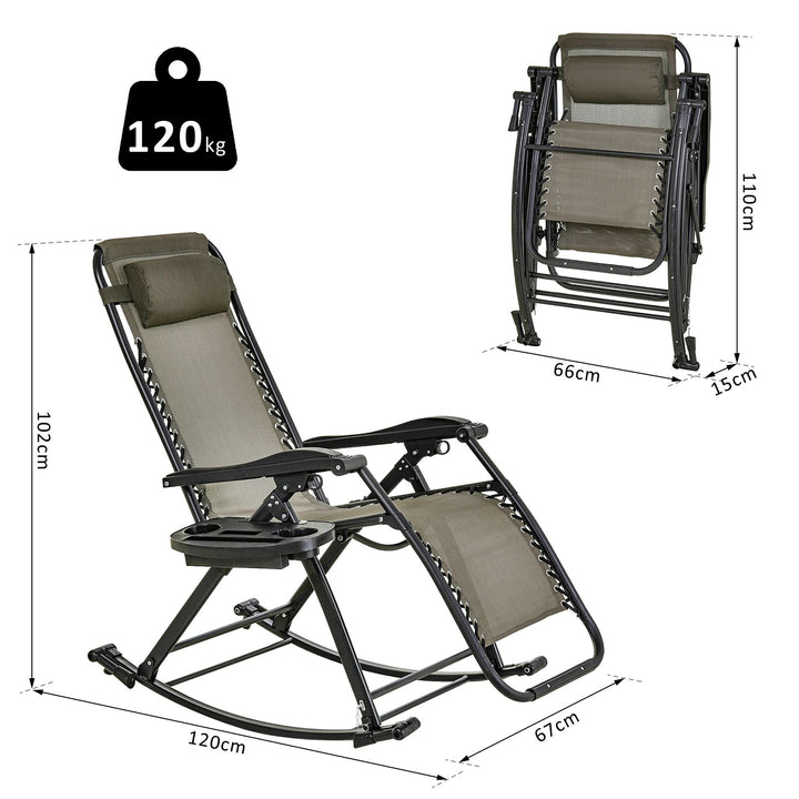 Outsunny Garden Rocking Chair Folding Recliner Outdoor Adjustable Sun Lounger Rocker Zero-Gravity Seat w/ Headrest Side Holder Patio, Grey | Aosom UK