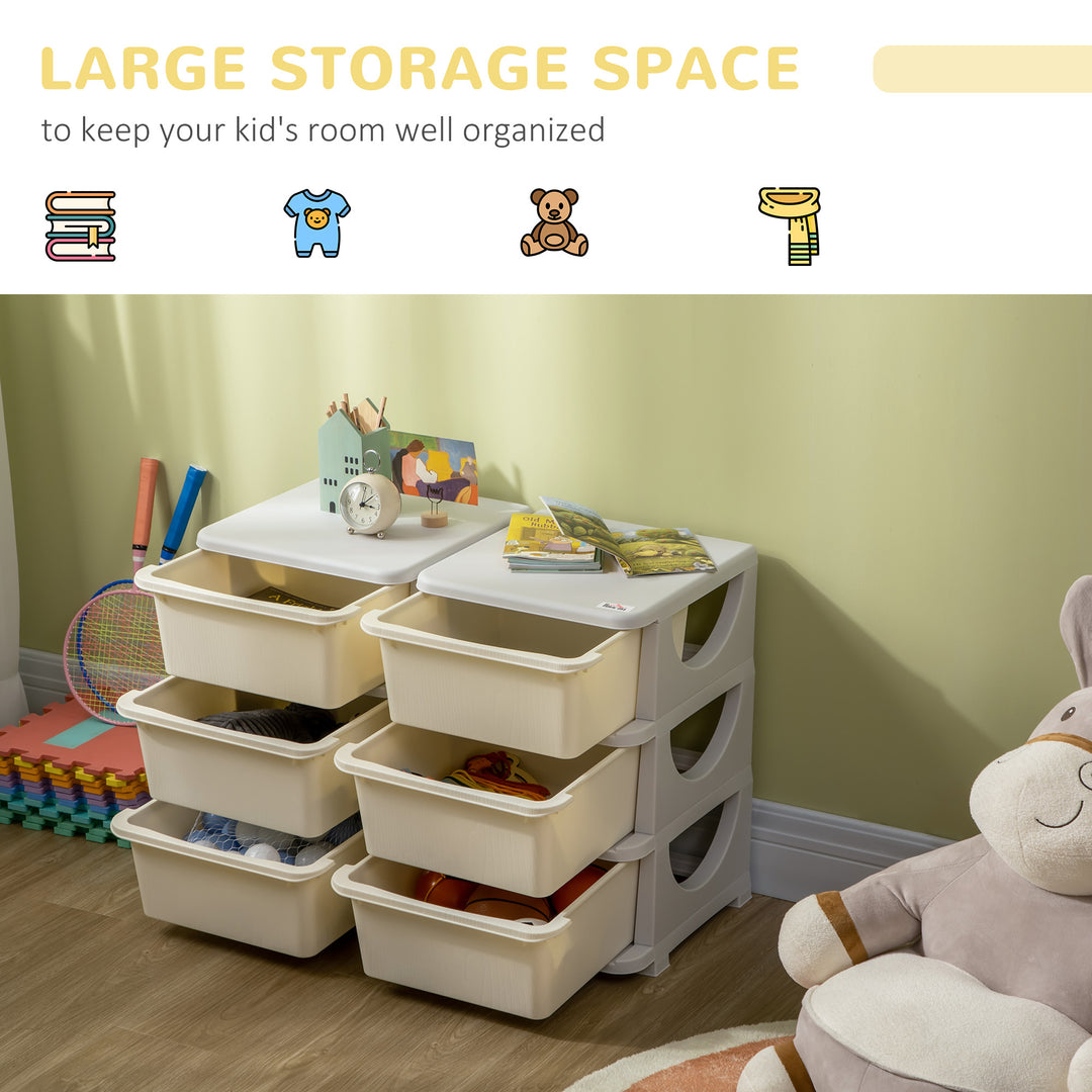 ZONEKIZ Kids Storage Units w/ 6 Drawers, 3 Tier Kids Toy Storage Organizer, Vertical Dresser Tower for Nursery Playroom Kindergarten, Cream | Aosom UK